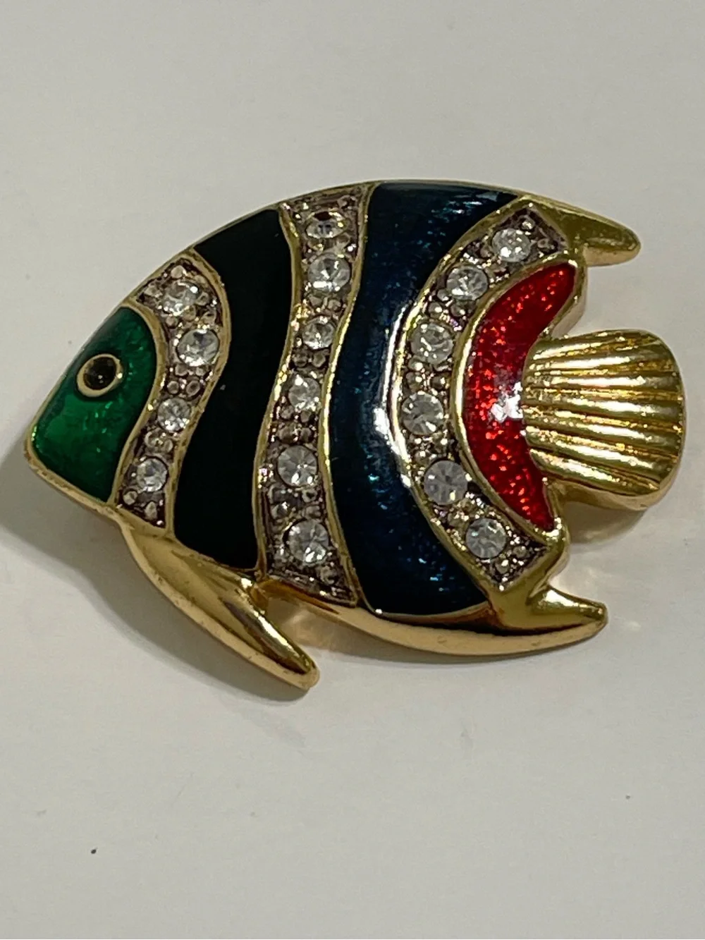 Vintage Gold-Tone Colorful Enamel Sparkling Rhinestones Fish Shape Brooch Pin